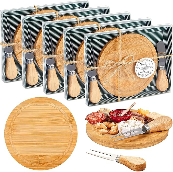 Maxcheck 5 Sets Baby Shower Bridal Game Prizes for Winners Round Cheese Board Set Wood Mini Charcuterie Board with Knives and Forks Thank You Card with Gift Box for Guests Wedding (Bamboo)