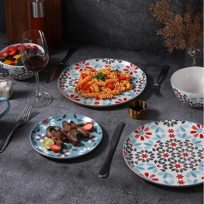 Lorren Home Trends Floral Bone China Dinnerware Set, 12 Piece Service for 4, Blue Red Gray Pattern, Dishwasher Microwave Safe