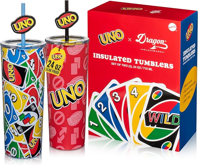 Dragon Glassware x UNO Stainless Steel Tumbler with Straws, 24 oz 2-Pack | Vacuum Insulated Stainless Steel Tumbler with Straws & Lids; Double Walled Tumbler with Straw Topper; Official UNO Merch