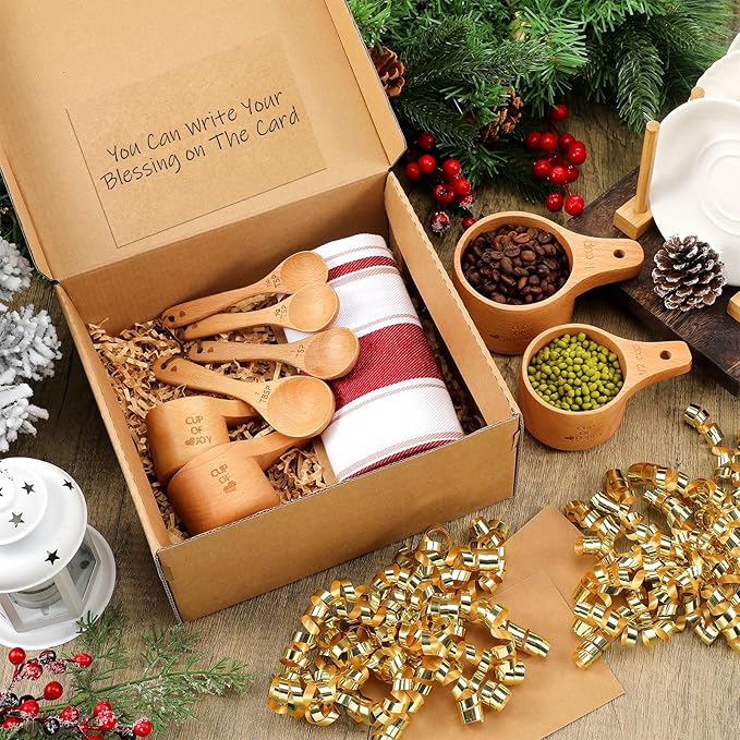 Reallnaive 14 Pcs Christmas Wooden Baking Gift Set - Wooden Measuring Cups and Spoons, Baking Towel, Greeting Card, Self-adhesive Curly Bows for Women, Dry Measuring Ingredient Christmas Kitchen Gift