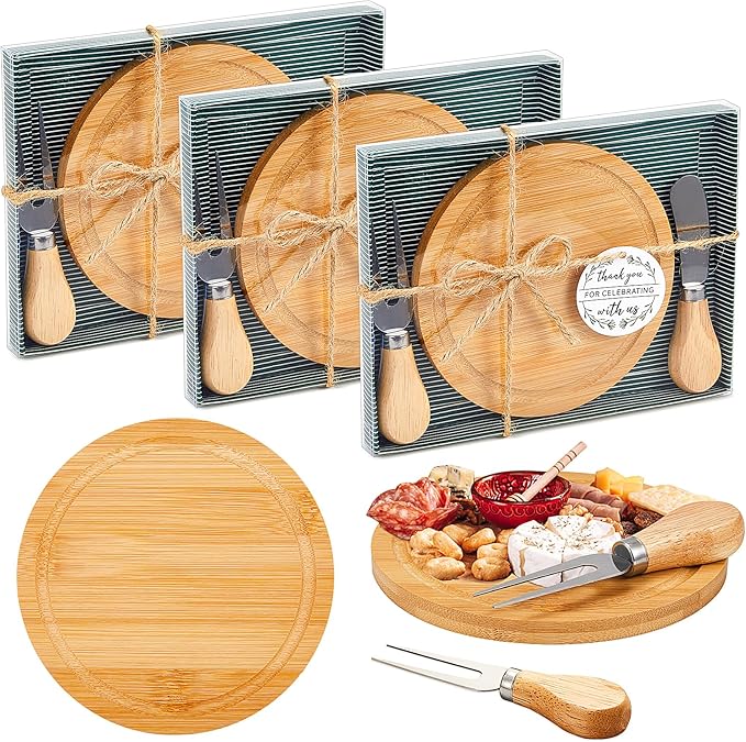 Maxcheck 3 Sets Baby Shower Bridal Game Prizes for Winners Round Cheese Board Set Wood Mini Charcuterie Board with Knives and Forks Thank You Card with Gift Box for Guests Wedding (Bamboo)