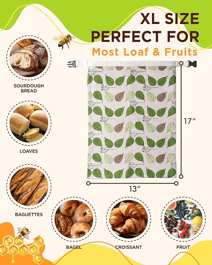 Beeswax Bread Bag for Homemade Sourdough, Sourdough Bread Bags with Zipper, 2 Pack Cotton Large Airtight Food Storage Bags to Keep Fresh