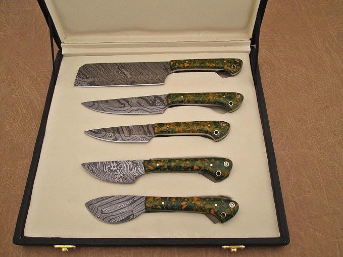 Custom made hand forged Damascus steel full tang blade kitchen knife set, Overall 40 inches Length of Damascus sharp knives (10.6+9.6+9.0+8.0+7.6) Inches, Leather suede sheath (Camouflage Green)