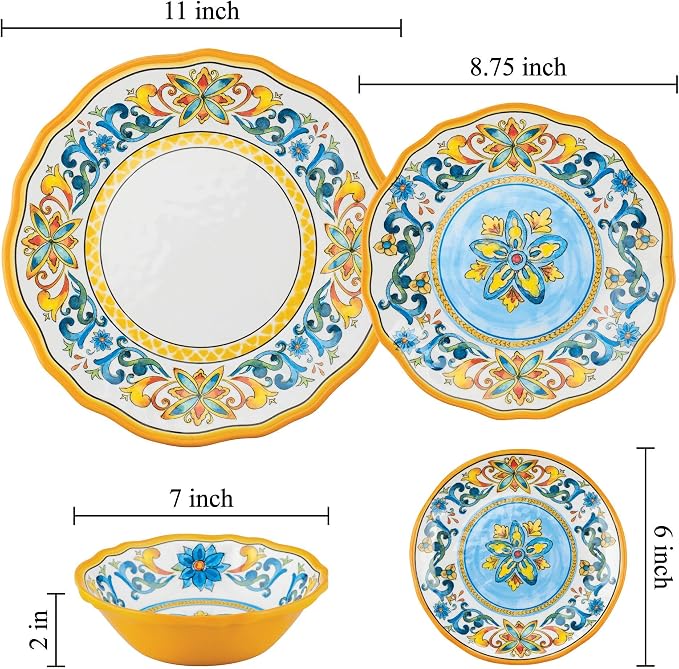 UPware 16 Piece Chianti Melamine Dinnerware Sets, Outdoor Dishes Set, Plates and Bowls Sets, Service for 4, Multicolor