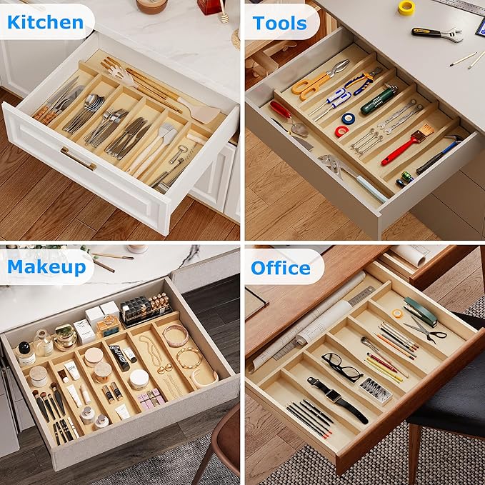 WelFurGeer Solid Birch Wood Silverware Drawer Organizer, Wooden Cutlery Drawer Organizer, Utensil Tray for Kitchen Drawers, Kitchen Utensil Organizer for Silverware, Flatware, Spoons, Forks, Knives