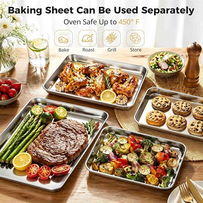 Onader Toaster Oven Tray and Rack Set, Stainless Steel Baking Cookie Sheet | 10⅜ x 8⅛ Inch Small Broiler Baking Pan with Metal Cooling Rack, 2 Sheet Pans + 2 Wire Rack, Rust Resistant