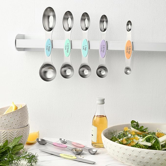 Spring Chef Dual Sided Magnetic Measuring Spoons Set, Pastel, Set of 8 & Stainless Steel Magnetic Measuring Cups, Set of 7, Black - 2 Product Bundle