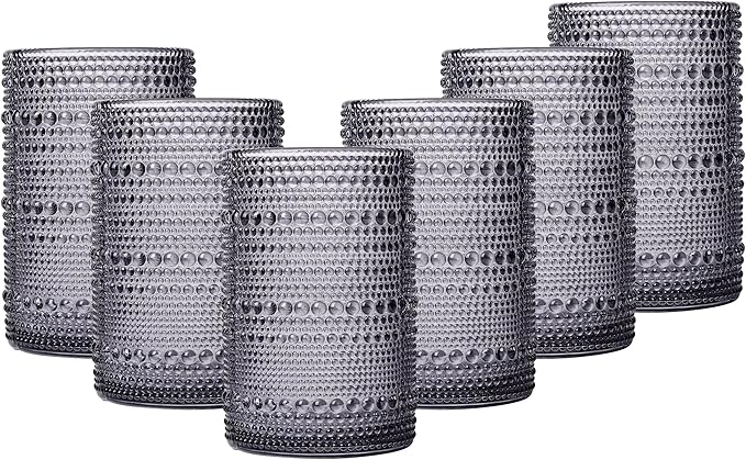 JOVGANK Grey Vintage Hobnail Drinking Glasses Set of 6, Embossed Water Tumbler 15oz, Kitchen & Bar Beaded Highball Glasses, Beverage Glass Cups for Water, Beer, Juice, Housewarming Gift