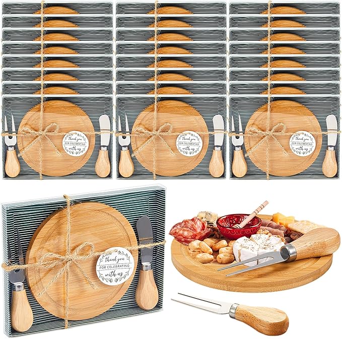 Maxcheck 24 Sets Baby Shower Bridal Game Prizes for Winners Round Cheese Board Set Wood Mini Charcuterie Board with Knives and Forks Thank You Card with Gift Box for Guests Wedding (Bamboo)