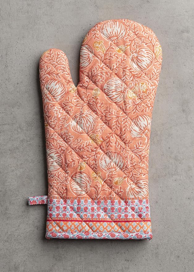 Maison d' Hermine 100% Cotton Oven Mitt & Pot Holder Set (7.5"x13" & 8"x8") Heat Resistant BBQ Cooking Gloves with Loop for Thanksgiving Christmas Decorations Handling Hot Pans (Harvest Festival)