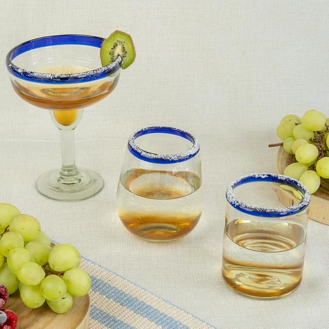 Cobalt Blue Rim Hand Blown Stemless Wine Glasses Set of 6 | 16 oz Mexican Glassware | Hand blown Mexican Drinking Glasses for Wine, Cocktails & Tequila