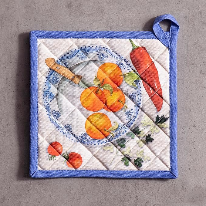 Maison d' Hermine Pot Holders 100% Cotton Heat Resistant Potholders 8" x 8" Hot Pads with Loop BBQ Cooking Baking Gifts for Mothers Day Handling Hot Pans Spring/Summer (Pack of 1, Gourmand)