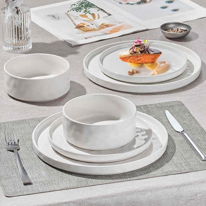 Herogo 18 Pieces Plates and Bowls Sets for 6, Stoneware Dinnerware Set for Kitchen, Ceramic Dinner Dishware, Dishwasher & Microwave Safe, Speckled White