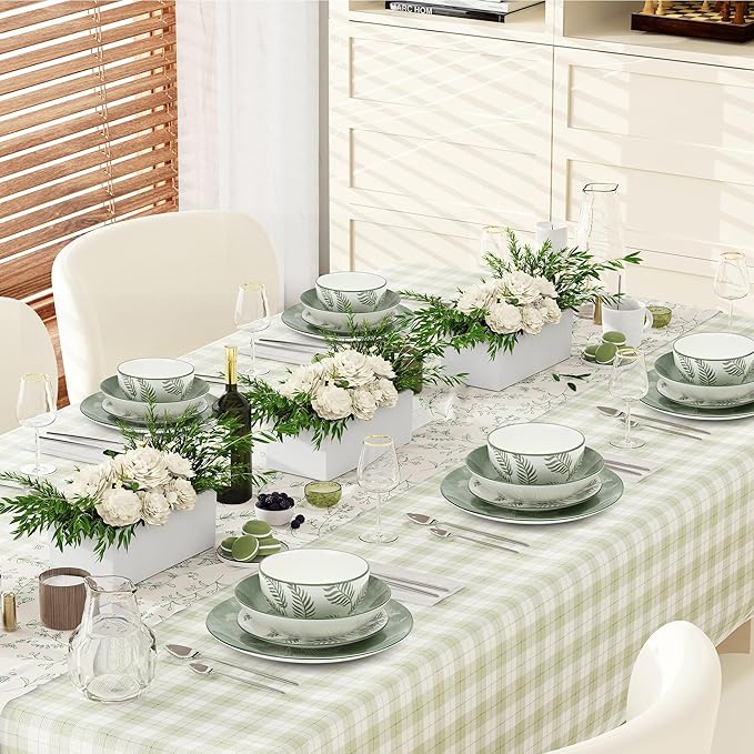 Porcelain Lightweight Dinnerware Sets for 4, 16 Pieces Sage Green White Floral Ceramic Plates and Bowls Set, Summer Dish Set with Pasta Bowls, Microwave and Dishwasher Safe