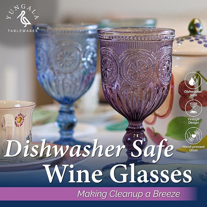 Purple Wine Glasses set of 6 purple goblets. GLASS goblets for wine, water or cocktails, vintage glassware and DISHWASHER SAFE, colorful glassware.