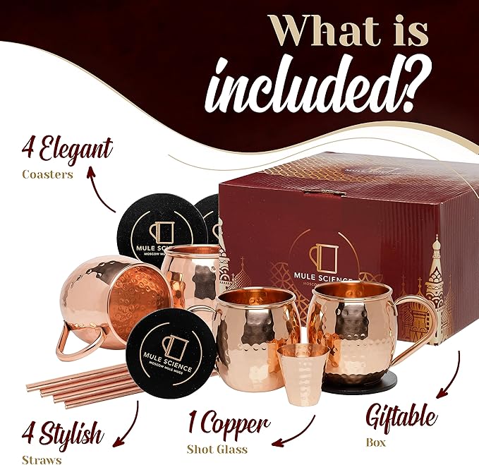 Copper Moscow Mule Mugs Set of 4 with Straws, Jigger & Coasters | Hammered Copper Cocktail Cups with Food-Safe Lacquer Coating (Interior & Exterior) | Lab Tested, 1-Year Warranty Gift Set