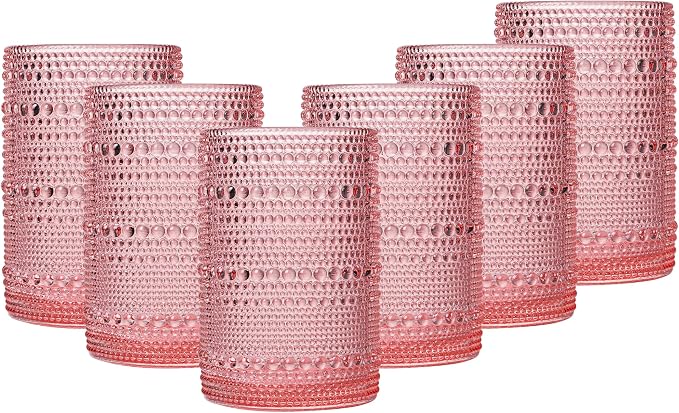 JOVGANK Pink Vintage Hobnail Drinking Glasses Set of 6, Water Tumbler 15oz, Kitchen & Bar Beaded Highball Glasses, Beverage Glass Cups for Water, Beer, Juice, Housewarming Gift