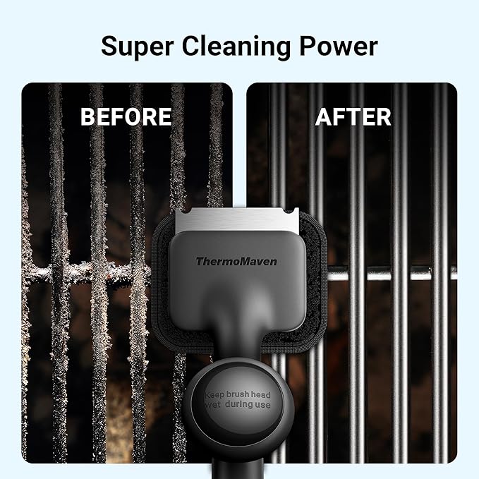 ThermoMaven Bristle-Free BBQ Grill Brush - No Wire Risk Steam Cleaner Removes Burnt Grease Fast - 17" Cool-Touch Handle, Scraper & 3 Replaceable Heads for Gas, Charcoal & Cast Iron