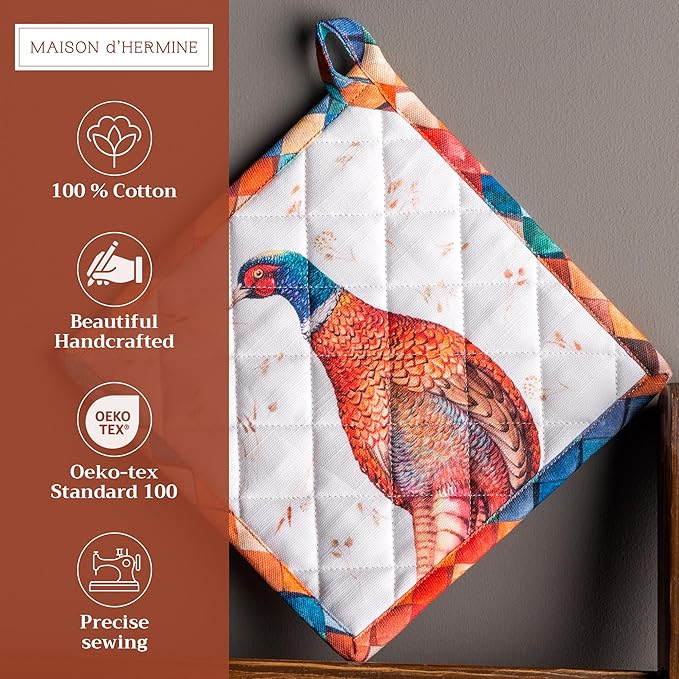 Maison d' Hermine Pot Holders Set 100% Cotton Heat Resistant Potholders 8" x 8" Hot Pads with Loop for Thanksgiving Christmas Decorations BBQ Baking Handling Hot Pans (Pack of 2, Faisan D'Automne)