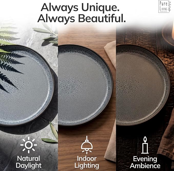 16 Piece Stoneware Dinnerware Set for 4 - Handmade Reactive Glaze Plates and Bowls Set - Chip & Scratch Resistant Dish Set - Dishwasher Microwave Safe - Dark Gray