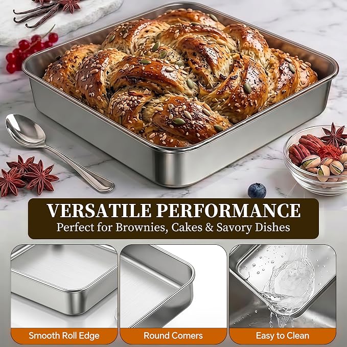 8x8 Baking Pan with Lid, Stainless Steel Brownie Pan, Square Cake & Casserole Bakeware, Heavy Duty Non-Toxic Oven Pan, Dishwasher Safe (2 Pans + 2 Lids)