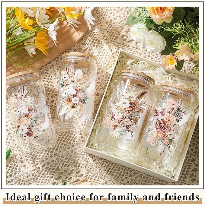 Mumufy 4 Pack Wildflower Glass Cups Gift Aesthetic Cute Glass Cup Tumbler Flower Iced Coffee Mugs 16 oz with Bamboo Lid & Straw, for Wedding Birthday Bridesmaid Mom Baby Shower