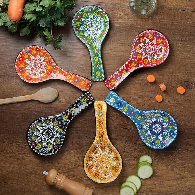 BCS Spoon Rest Set of 2 - Ceramic Spoon Holder for Stovetop & Kitchen Counter - Dishwasher Safe Handmade Kitchen Utensil (Green-Orange 4.5” W x 9" L)