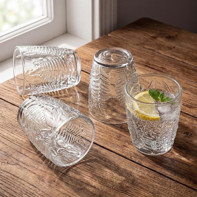 Vintage Drinking Glasses Set of 4, 10 oz Hand-Pressed Clear Glass Cups, Fern Embossed Retro Glassware, Textured Tumblers for Water, Cocktails & Juice, Decorative Kitchen Drinkware, Unique Boho Gift