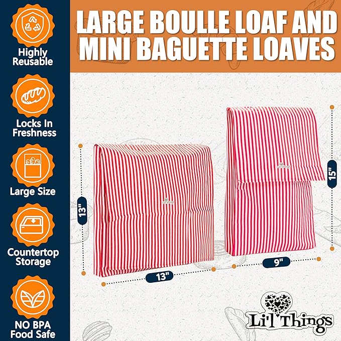 Sourdough Bread Bag – Reusable Beeswax Bread Storage Bags 2.0 (2 Sizes) for Homemade & Artisan Loaves, Cotton-Lined Bread Keeper, Plastic-Free Kitchen Storage – Stripey Red