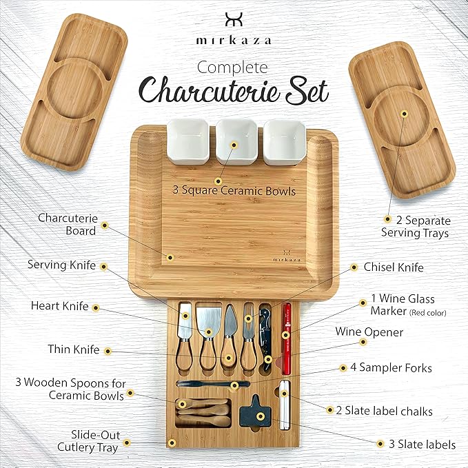 Bamboo Cheese Board and Knife Set, Wood Charcuterie Boards Set with Wine Glass Marker, Cheese boards Tray, Unique House warming Gifts for New Home, Gift Bridal Shower, Anniversary