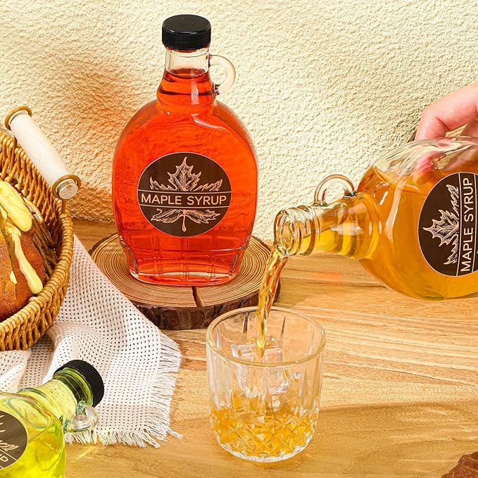 FoldTier 12 Pcs 8 oz Glass Maple Syrup Bottles Clear Reusable Glass Bottles with Lids Loop Handle and Maple Syrup Stickers Jars Container for Milk Potion Juice Sauce Oil Storage Gift(Stylish)