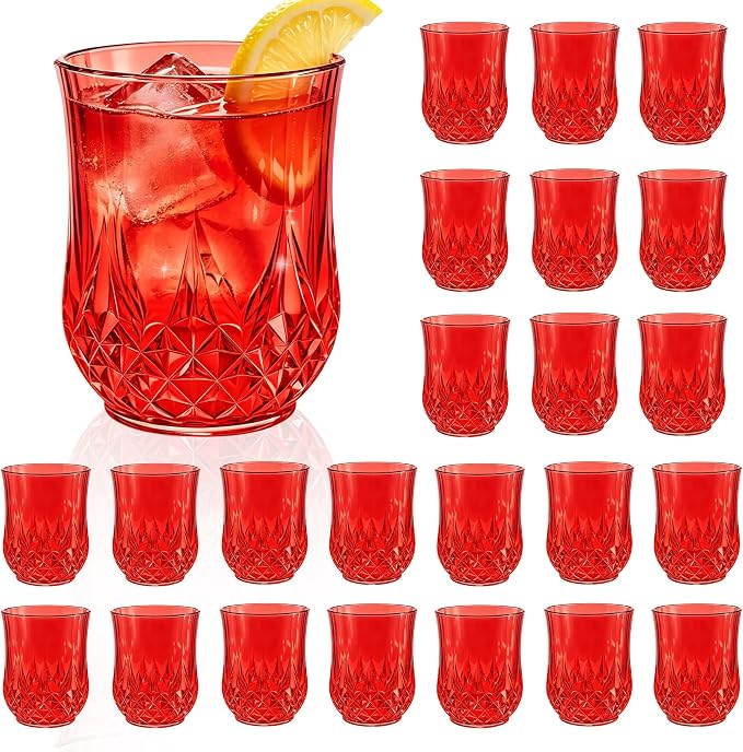 24 Pack Plastic Stemless Wine Glasses,12oz Unbreakable Vintage Elegant Drinking Glass Set,Reusable Fancy Cocktail Cups for Party, Wedding, and Bulk Events (24, 12oz-Red)