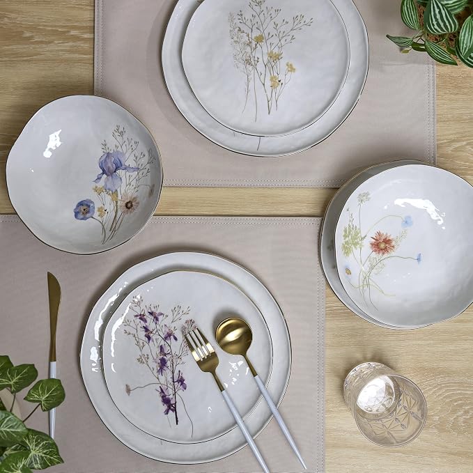 Sango 12-Piece Luxury Porcelain Dinnerware Set for 4- Glossy White Plates and Bowls Sets with Wildflower Patterns and Gold Rims, Ceramic Dish Set, Elegant Dishes for Everyday Dining, Gansevoort