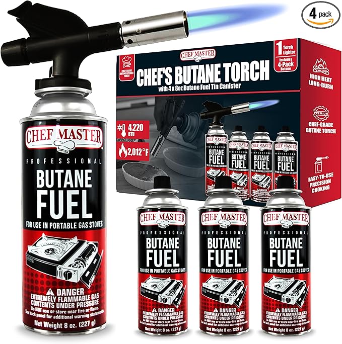 Butane Torch Lighter Combo w/ 4 x 8 oz. Butane Fuel by Chef Master, Refillable Kitchen Cooking Torch for Brulee, Dessert, Baking, Cafe, Hotel & Restaurant, Home Necessities & Kitchen Essentials -90014