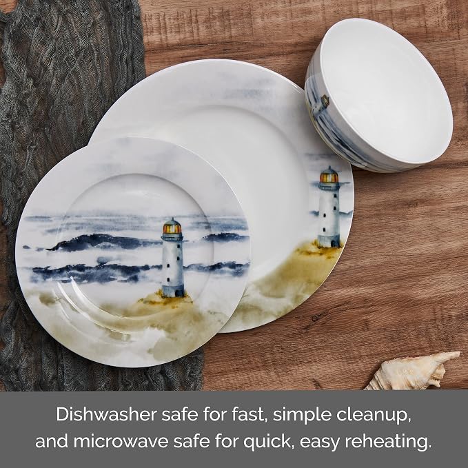 Mikasa Seaside Coastal Bone China Lightweight Chip Resistant 12 Piece Dinnerware Set, Service for 4