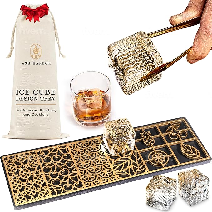 Clear Ice Cube Maker Design Tray - Craft Modern Ice Molds for Bourbon & Cocktails in 5 Seconds - Whiskey Mold Cube Stamp – Bartender Accessories - Copper Ice Press Cocktails by Ash Harbor (Botanicals)