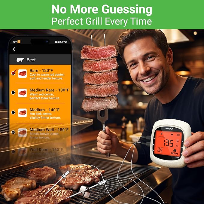 Nutrichef Bluetooth Meat Thermometer for Grilling and Smoking with 4 Wireless Meat Probes, 4 Channels with LCD Display