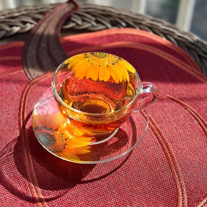 STP GOODS Sunflowers Glass Tea Cup and Saucer Set of 2 Glass Teacups 6.8 fl oz (200 ml) Cups with Matching Saucers for Two, Tea Coffee Set for 2, Coffee Cups, Dishwasher and Microwave safe