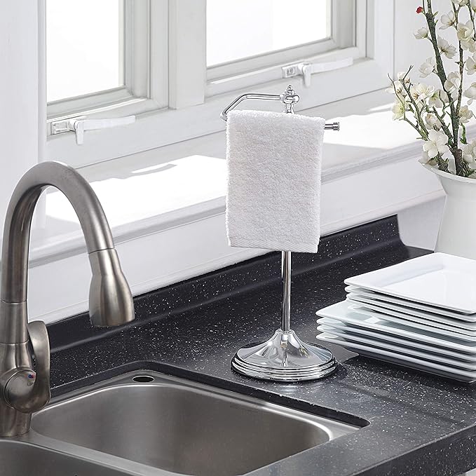 SunnyPoint Heavy Weight Classic Decorative Metal Fingertip Towel Holder Stand for Bathroom, Kitchen, Vanity and Countertops; Hanging Bar is 14.2" Height (Chrome, 15.6" x 5.6" x 5.6")