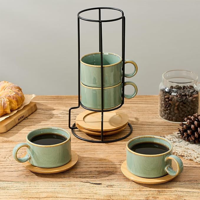 LUKA 6 Ounce Porcelain Stackable Espresso Cups with Saucers and Metal Stand Set of 4, Ceramic Cappuccino Cups Set for Specialty Coffee Drinks, Latte, Cafe Mocha and Tea, Wild Sage Earth