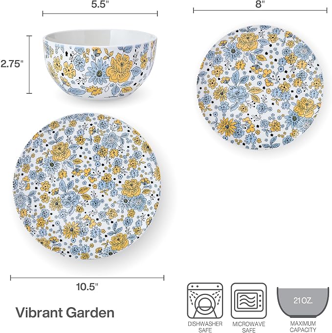 Pfaltzgtraff Vibrant Garden 12 Piece Floral Stoneware Dinnerware Plate Bowl Dish Set, Service for 4