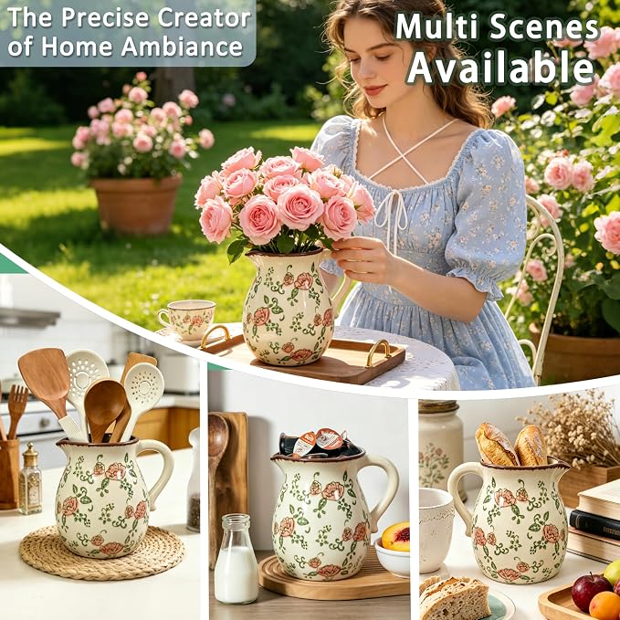 Ceramic Utensil Holder for Kitchen Counter, 6.1 Inch Modern Farmhouse Rustic Cooking Utensil Holder for Countertop Home Decor, Vintage Utensil Organizer Crock for Cooking & Spoon Tools (Red Rose)