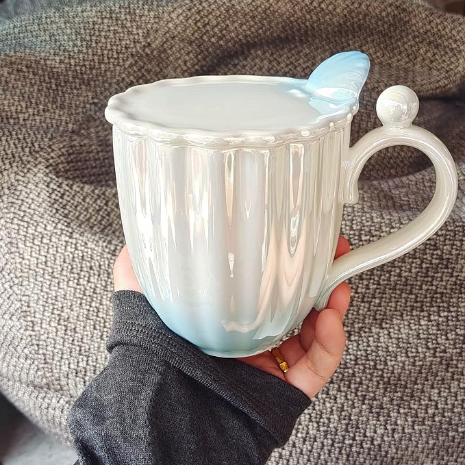Pearl Ceramic Coffee Mug for Tea Latte Milk Cute Love Shape Cup for Home Office Women Gift 6.5 oz (Shell Pink, 420 ml)
