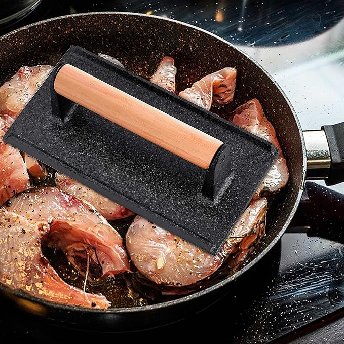 Leonyo 3Pcs Cast Iron Grill Press, Heavy Duty Bacon Press with Wood Handle, Pre-Seasoned Burger Smasher for Griddle Cooking, Meat, Burger, Bacon, Steak, Panini, Sandwich, Rectangle (8.2"X4.3")