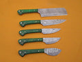Custom made hand forged Damascus steel full tang blade kitchen knife set, Overall 40 inches Length of Damascus sharp knives (10.6+9.6+9.0+8.0+7.6) Inches, Leather suede sheath (Jigged Green)