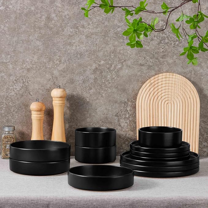 Herogo Dinnerware Sets with Pasta Bowls for 6, 24 Piece Dinner Salad Plates and Cereal Serving Bowls, Stoneware Dishes Dinner Ware for Home Kitchen, Dishwasher & Microwave Safe, Matte Black