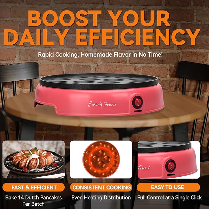 Baker's Friend Mini Pancakes Maker Machine, Dutch Mini Pancake Griddle, 14 Holes Electric Poffertjes Pan, Ideal for Breakfast, Snacks, Desserts & More, Red