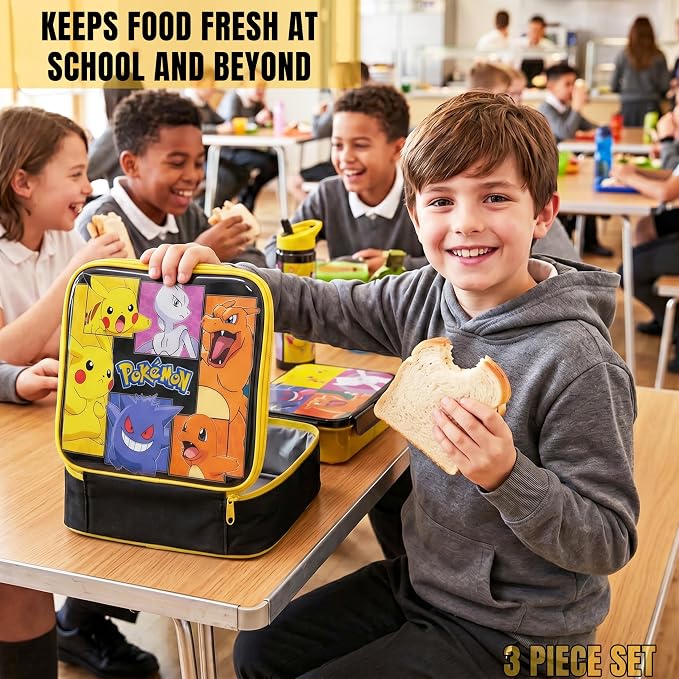 Get Trend Pokemon Kids Insulated Lunch Bag 3Pc Set with Bento Box & 20 fl oz BPA-Free Water Bottle with Straw, Lightweight Kids Lunch Box, Pikachu Anime Gifts for Gamers