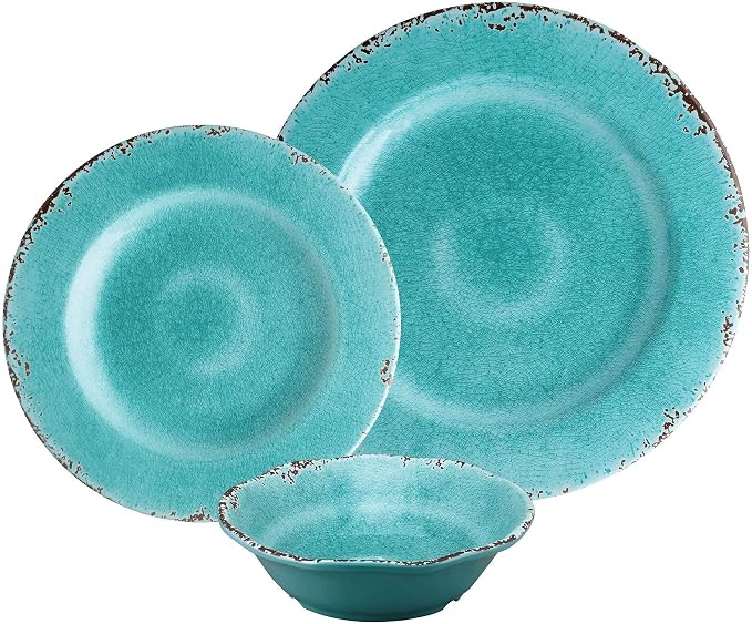 UPware 12 Piece Crackle Melamine Dinnerware Sets, Outdoor Dishes Set, Plates and Bowls Sets, Service for 4, Turquoise
