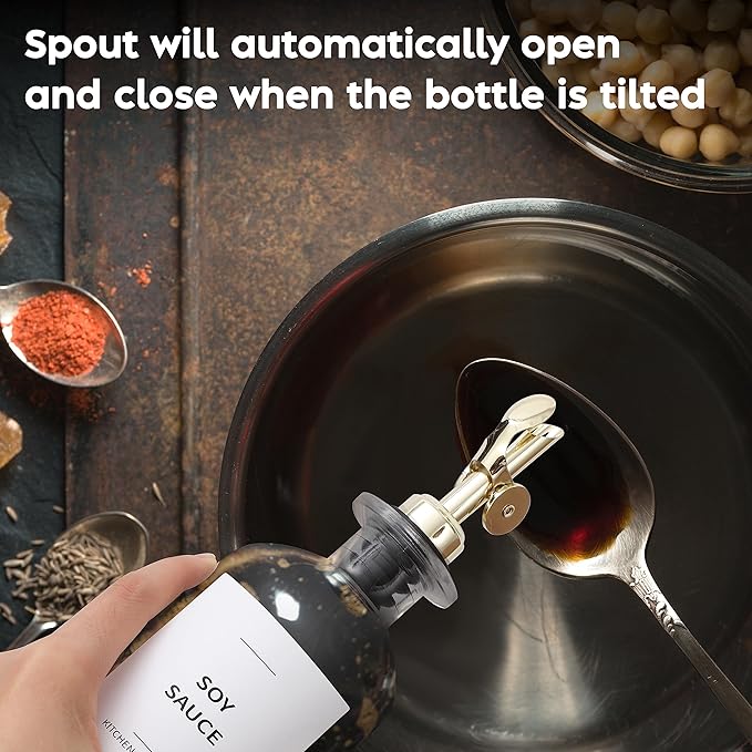 Spaceneat Olive Oil Dispenser Bottle - Includes 55 Kitchen Essential Labels - Cooking Oil Bottles for Kitchen, Coffee Syrup Dispenser - Pourer Spout with 16.9 fl oz Glass Container Cruet - 2pcs, Gold
